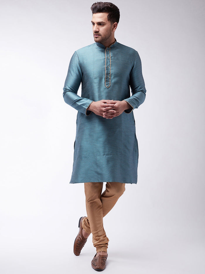 Men's Aqua And Rose Gold Silk Blend Kurta With Churidar Set