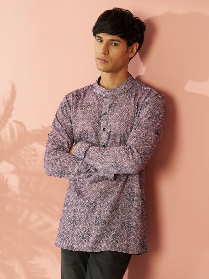 Men's Onion Pink Cotton Blend Ethnic Motif Printed Short Kurta