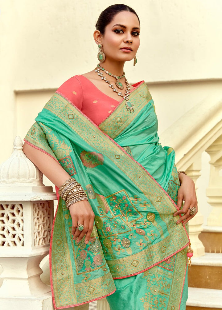 Aquamarine Green Dola Silk Saree Featuring Zari Weave And Intricate Handwork With Cut Dana - House of Sarvati LLC