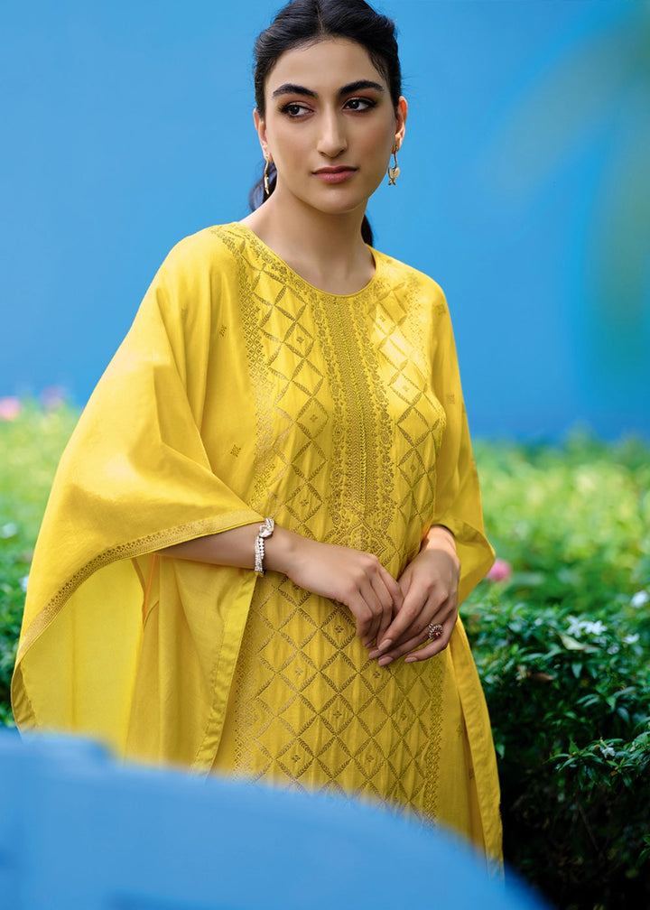 Auerolin Yellow Viscose Silk Kaftan Set with Handcrafted Details - House of Sarvati LLC
