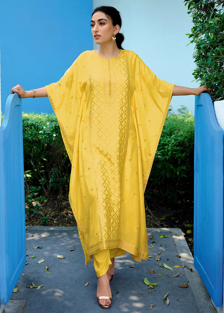 Auerolin Yellow Viscose Silk Kaftan Set with Handcrafted Details - House of Sarvati LLC