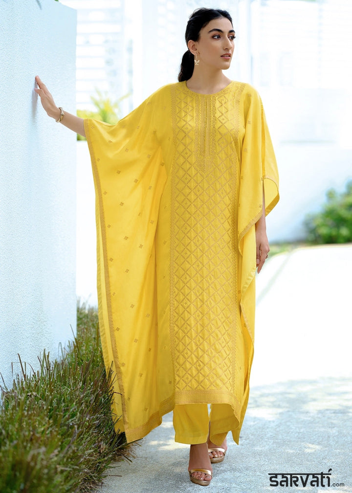 Auerolin Yellow Viscose Silk Kaftan Set with Handcrafted Details - House of Sarvati LLC