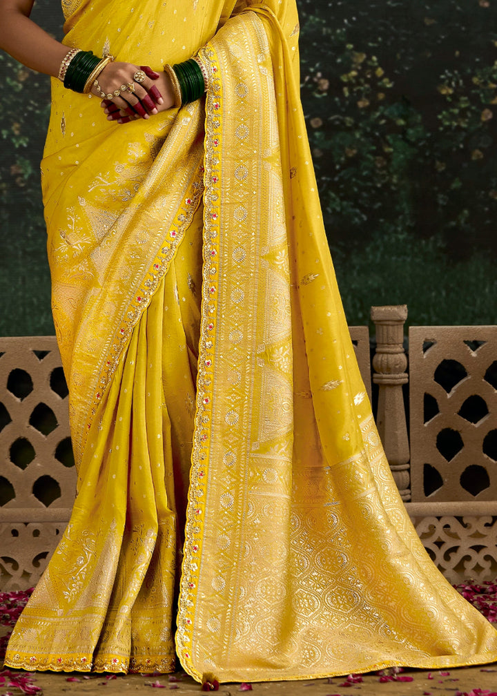 Auerolin Yellow Zari Woven Dola Silk Saree with Embroidery Detailing - House of Sarvati LLC