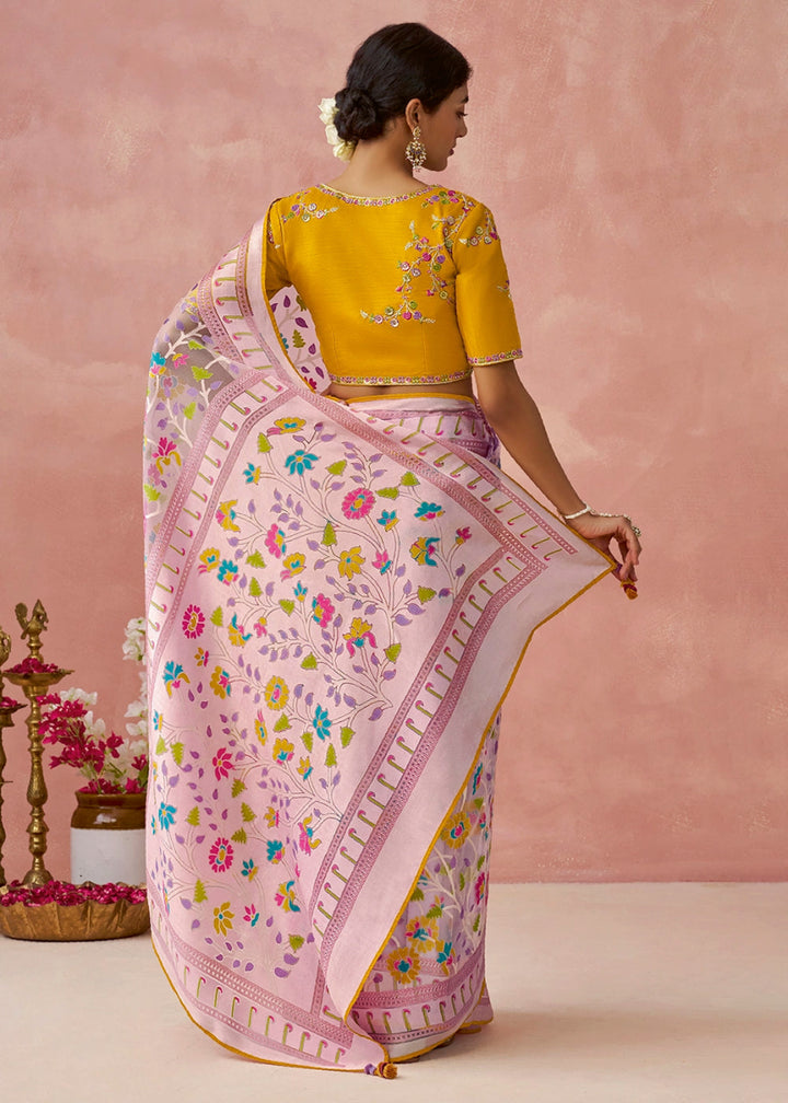Baby Pink Brasso Organza Saree with Designer Embroidered Blouse - House of Sarvati LLC