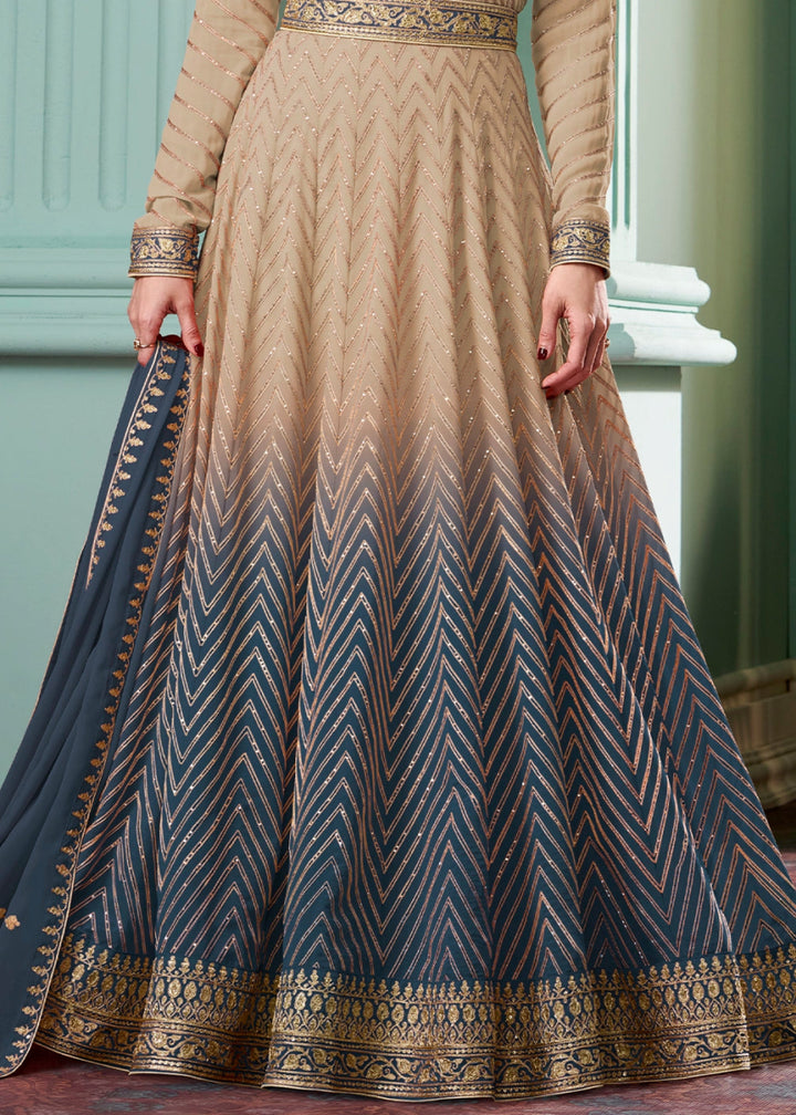 Beige Brown and Blue Georgette Anarkali Gown with Intricate Embroidery - House of Sarvati LLC