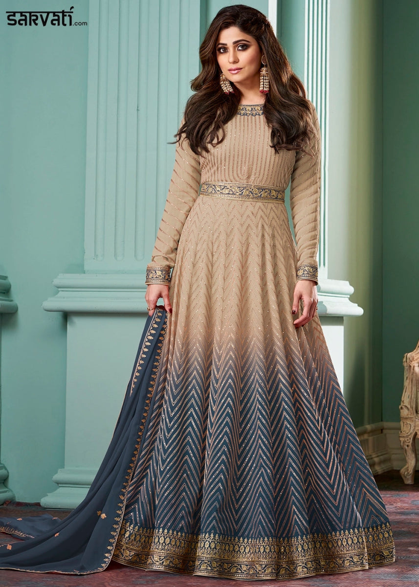 princess polly baby blue dress Beige Brown & Blue Georgette Anarkali Gown