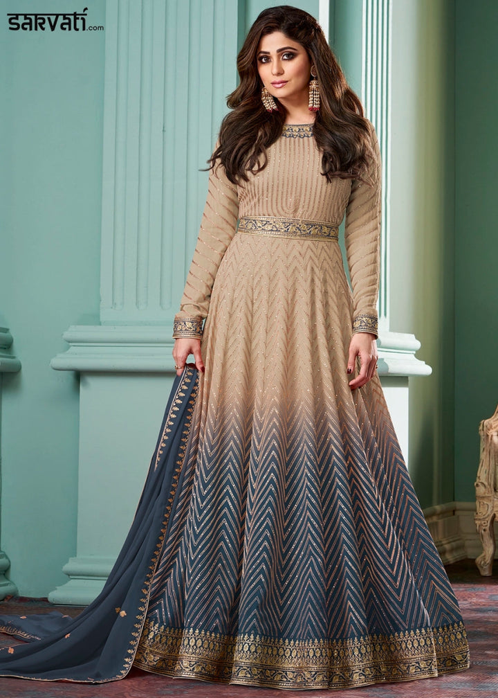 Beige Brown and Blue Georgette Anarkali Gown with Intricate Embroidery - House of Sarvati LLC