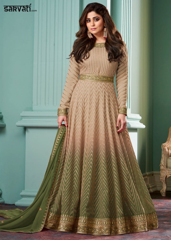 Beige Brown and Green Georgette Anarkali Gown with Intricate Embroidery - House of Sarvati LLC