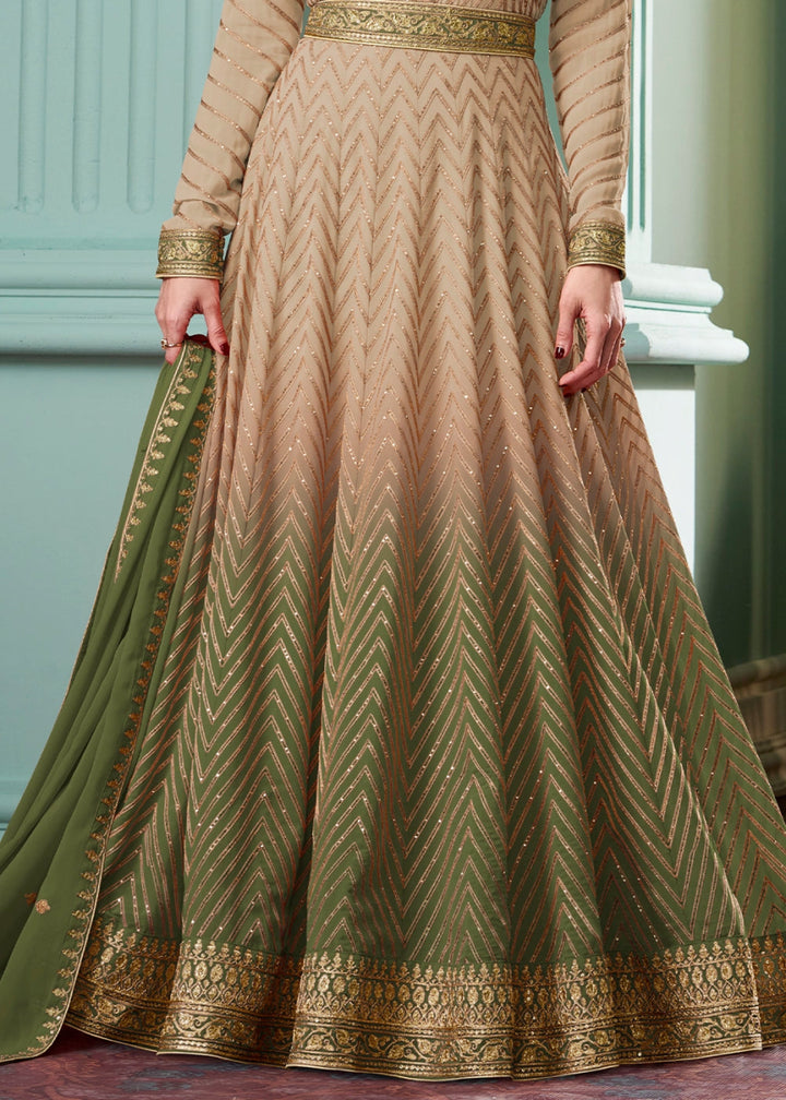 Beige Brown and Green Georgette Anarkali Gown with Intricate Embroidery - House of Sarvati LLC