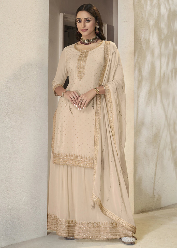 Beige Brown Embroidered Sharara Suit in Chinon Silk with Jacquard Buttis - House of Sarvati LLC