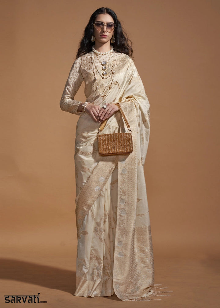 Beige Brown Georgette Silk Saree Embellished with Floral Zari Work - House of Sarvati LLC