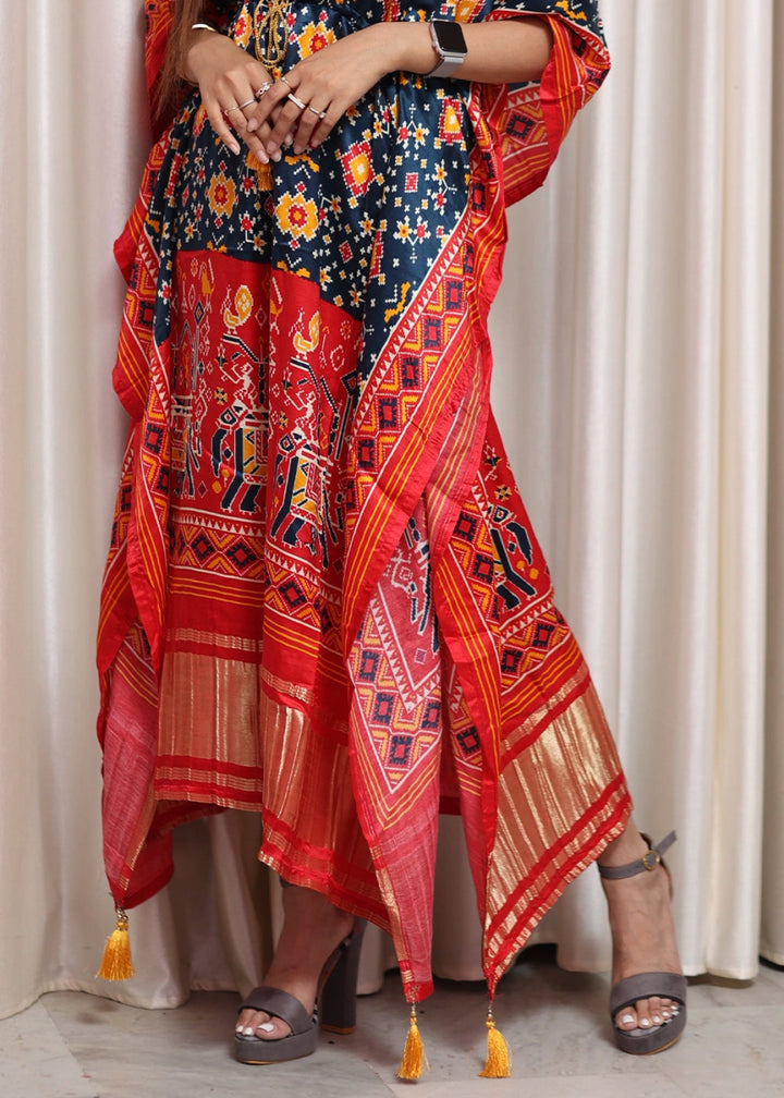 Blue & Red Gaji Silk Kaftan with Gota Patti Lace and All - Over Patola Digital Print - House of Sarvati LLC