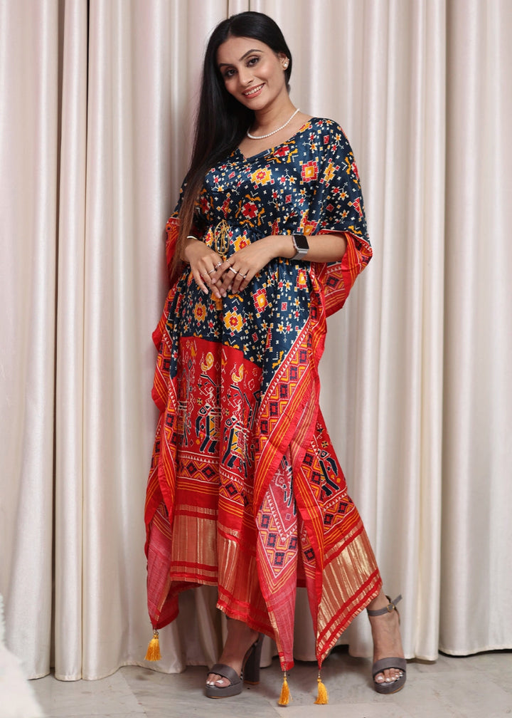 Blue & Red Gaji Silk Kaftan with Gota Patti Lace and All - Over Patola Digital Print - House of Sarvati LLC