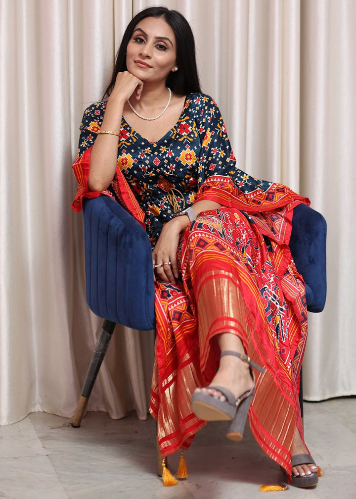 Blue & Red Gaji Silk Kaftan with Gota Patti Lace and All - Over Patola Digital Print - House of Sarvati LLC