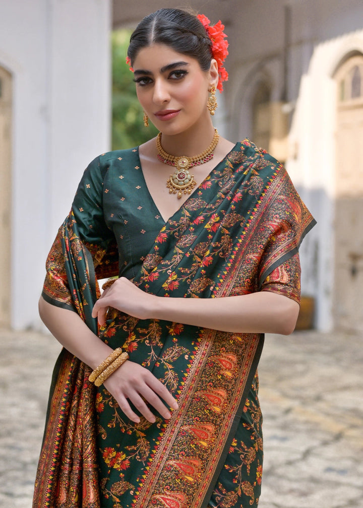 Bottle Green Silk Saree with Intricate Threadwork Floral Jaal - House of Sarvati LLC