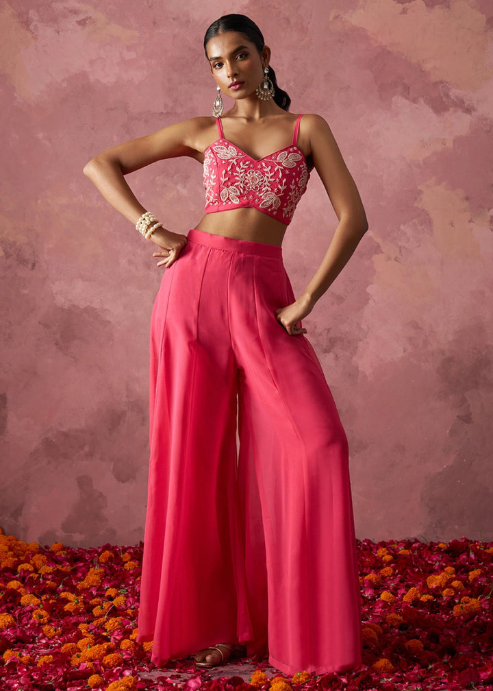 Brink Pink Georgette Sharara Set with Organza Cape & Embroidery - House of Sarvati LLC