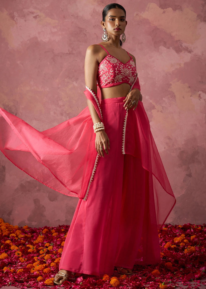 Brink Pink Georgette Sharara Set with Organza Cape & Embroidery - House of Sarvati LLC