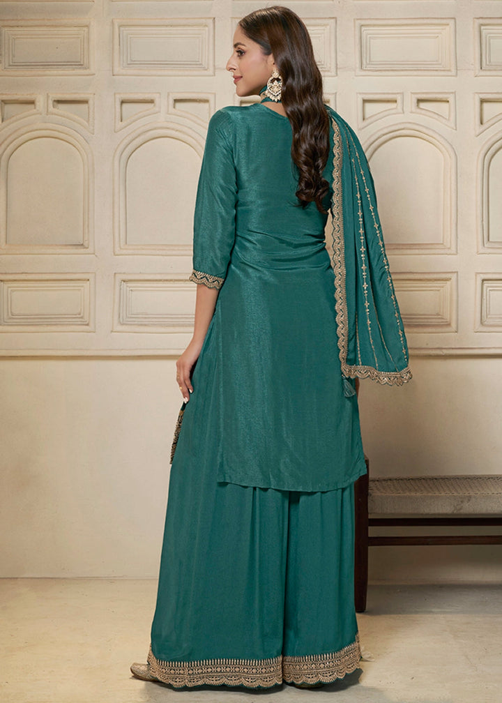 Cactus Green Dola Silk Sharara Suit with Intricate Jacquard Detailing - House of Sarvati LLC
