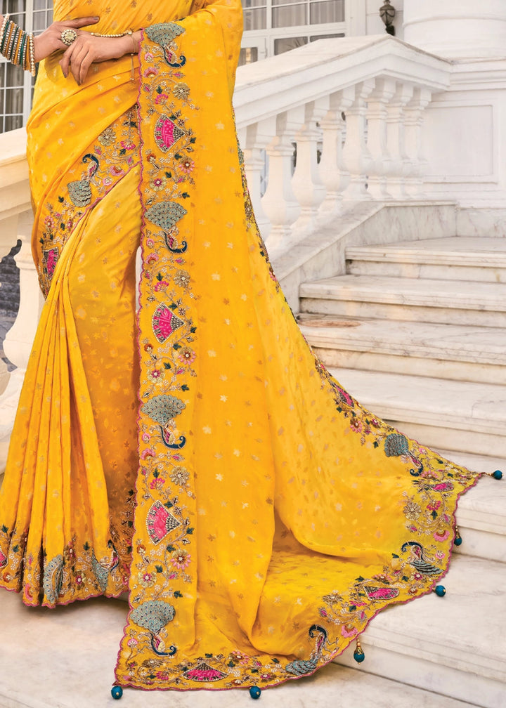 Canary Yellow Crepe Silk Saree with Moti & Cut - Dana Mirror Detailing - House of Sarvati LLC