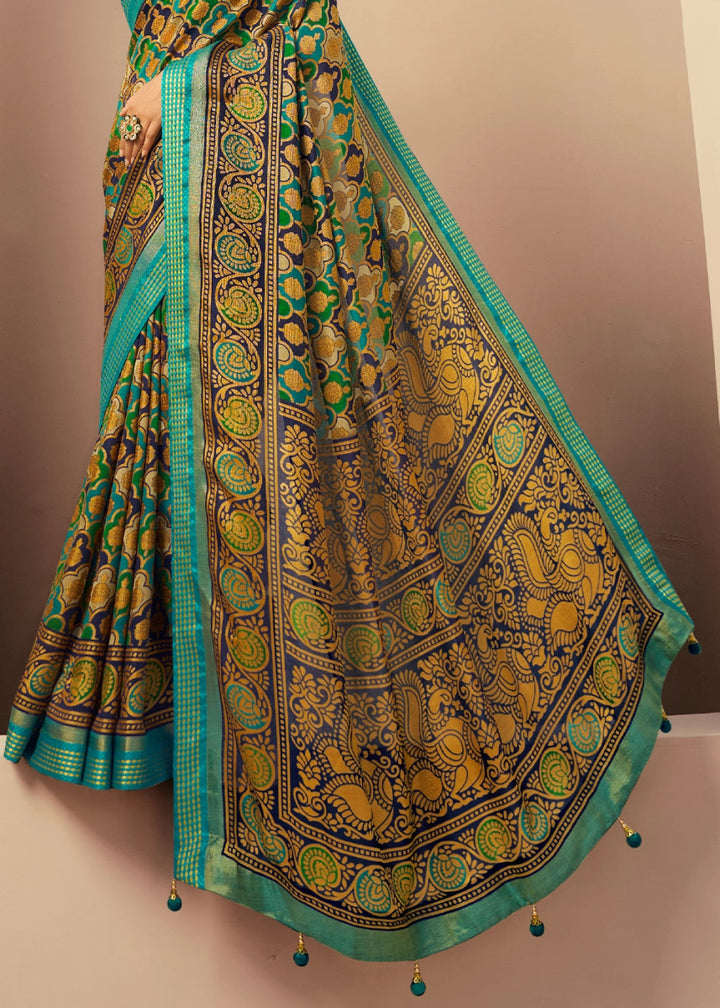 Cerulean Blue Handwoven Zari Georgette Silk Saree - House of Sarvati LLC