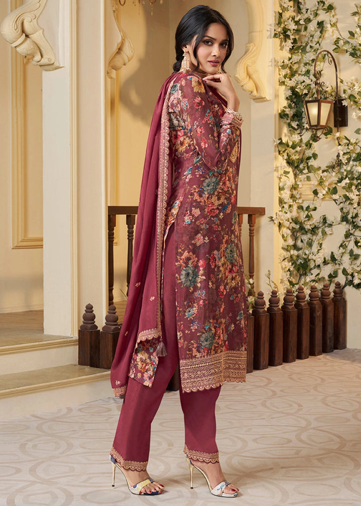 Chestnut Brown Chinon Silk Floral Printed Salwar Suit with Butti & Sequin Embroidery - House of Sarvati LLC