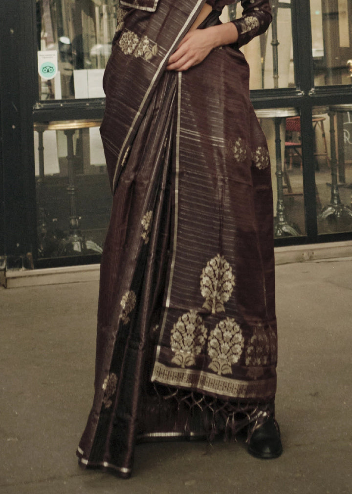 Chocolate Brown Zari Woven Saree In Soft Satin Silk With Luxe Finish - House of Sarvati LLC
