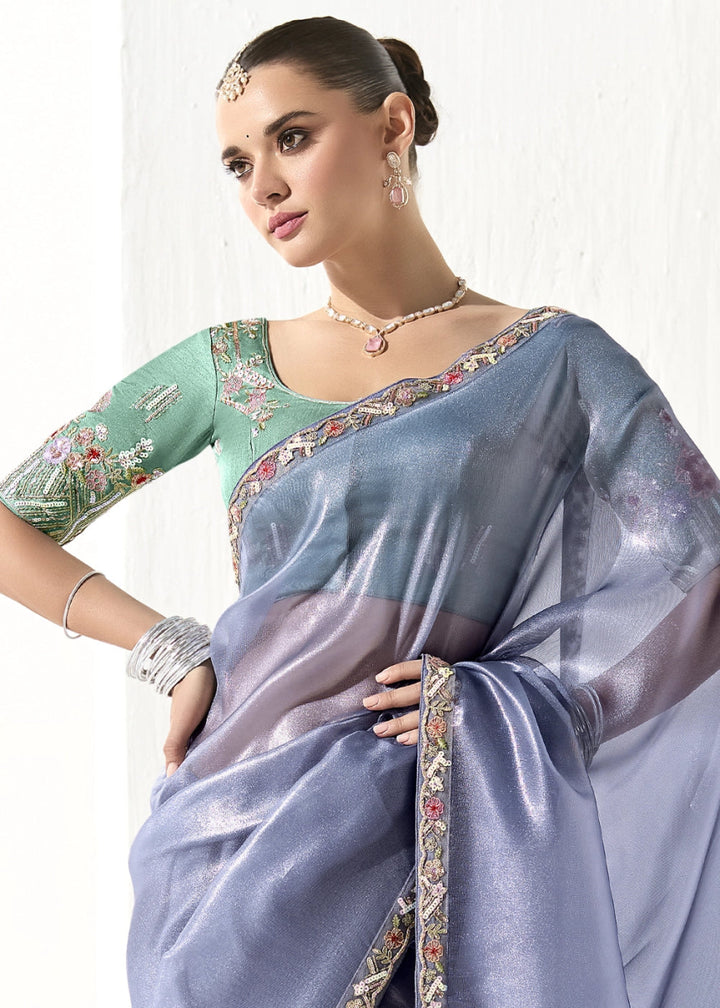 Cornflower Blue Designer Tissue Organza Saree With All - Over Buttas And Hand Embroidered Blouse - House of Sarvati LLC