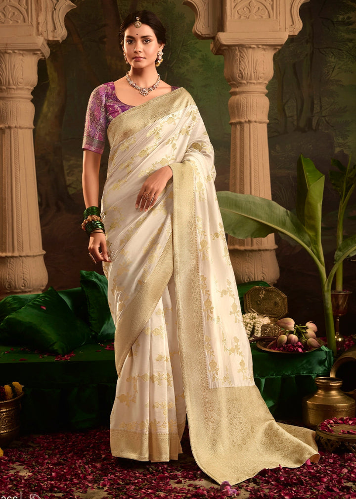 Cream White Crepe Dola Silk Saree with Rich Zari Weaving - House of Sarvati LLC