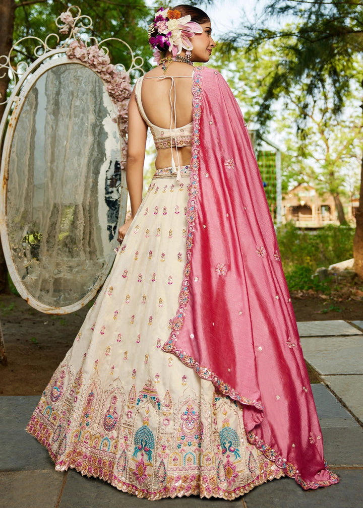 Cream White & Pink Tissue Lehenga Choli with Sequins and Floral Embroidery - House of Sarvati LLC