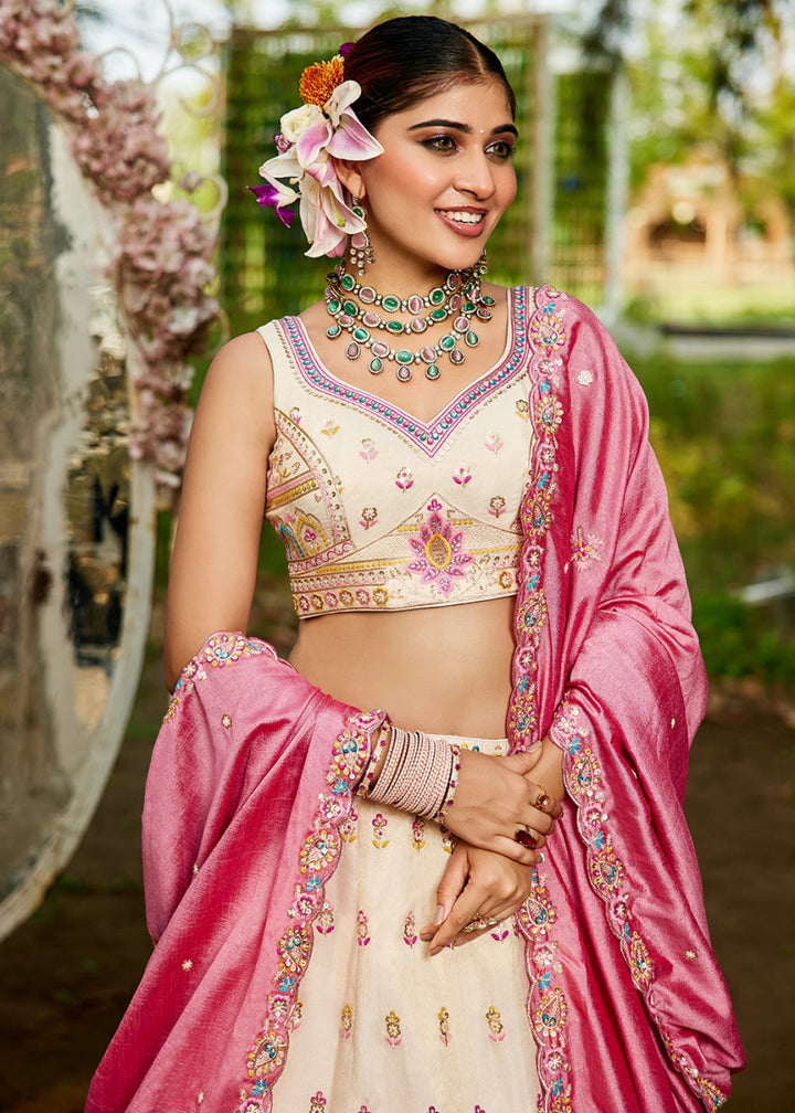 Cream White & Pink Tissue Lehenga Choli with Sequins and Floral Embroidery - House of Sarvati LLC