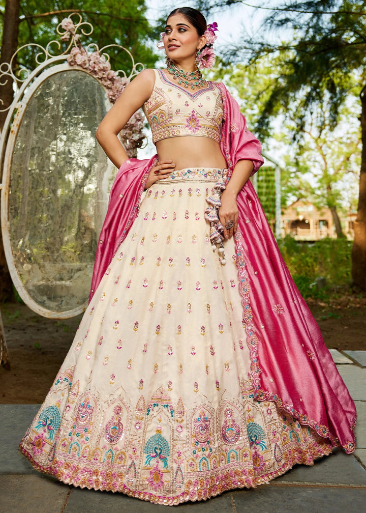 Cream White & Pink Tissue Lehenga Choli with Sequins and Floral Embroidery - House of Sarvati LLC