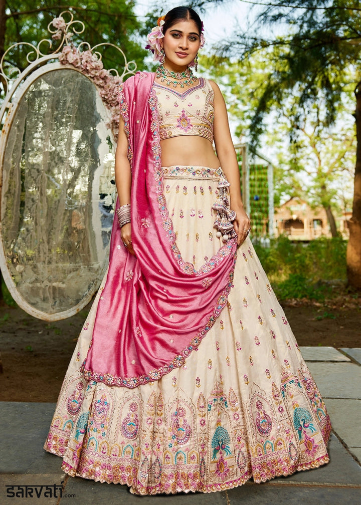 Cream White & Pink Tissue Lehenga Choli with Sequins and Floral Embroidery - House of Sarvati LLC