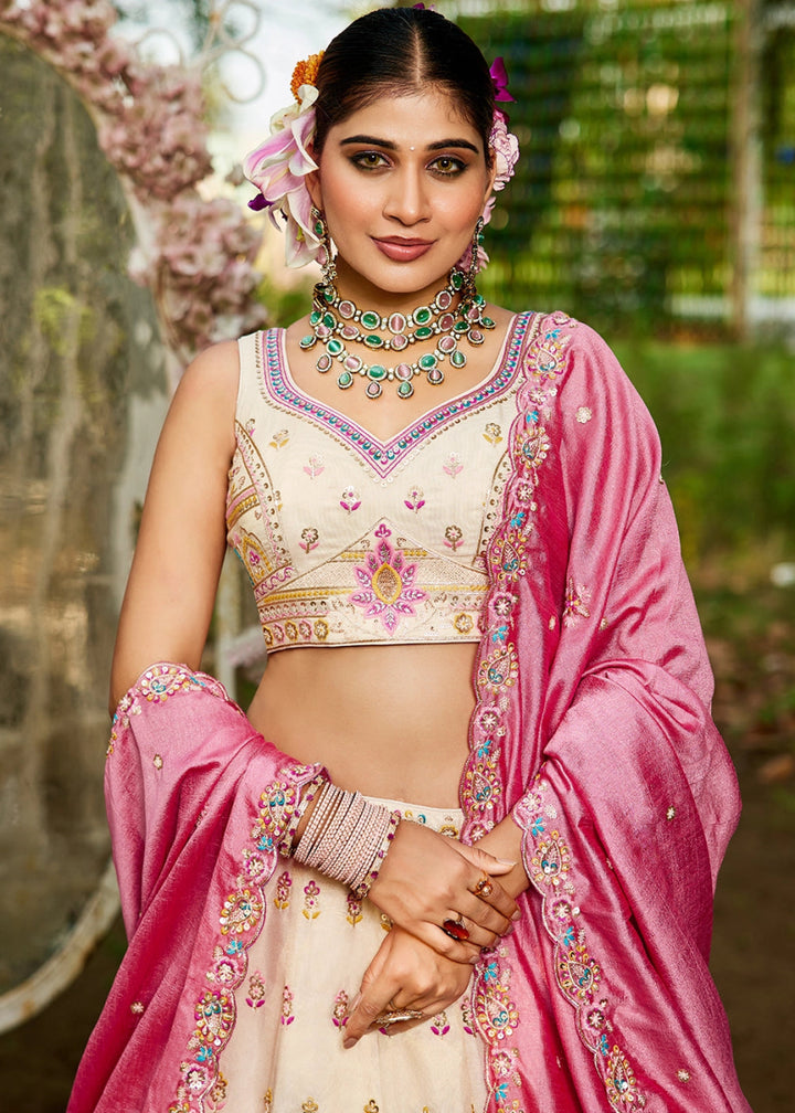 Cream White & Pink Tissue Lehenga Choli with Sequins and Floral Embroidery - House of Sarvati LLC