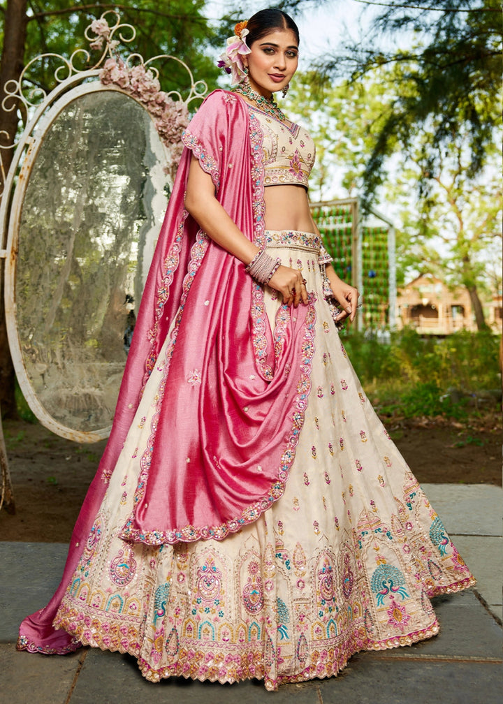 Cream White & Pink Tissue Lehenga Choli with Sequins and Floral Embroidery - House of Sarvati LLC