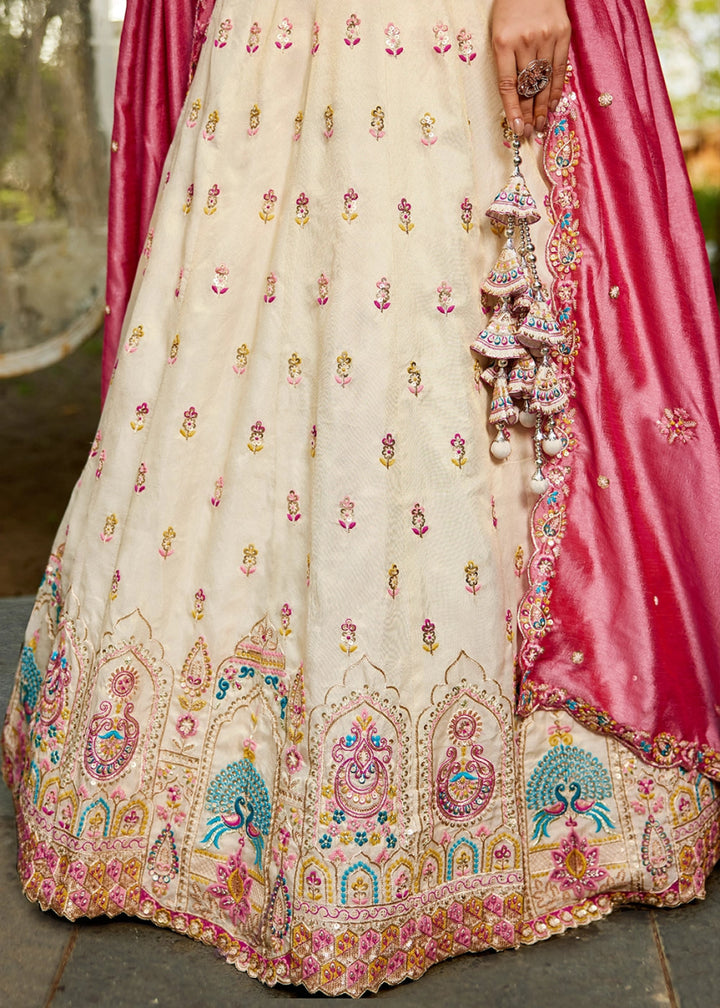 Cream White & Pink Tissue Lehenga Choli with Sequins and Floral Embroidery - House of Sarvati LLC