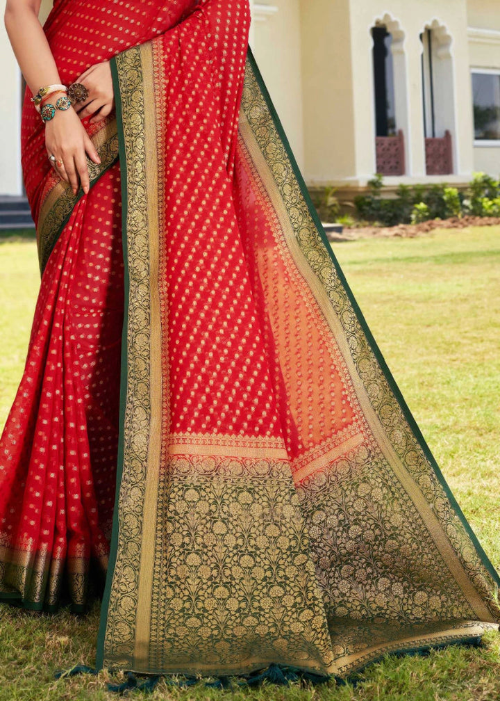 Crimson Red Georgette Silk Saree with Ornate Zari Border & Pallu - House of Sarvati LLC