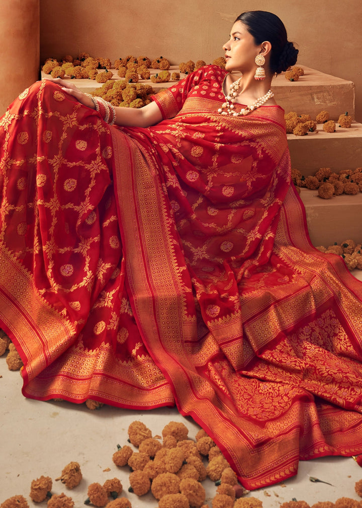 Crimson Red Handwoven Zari Georgette Silk Saree - House of Sarvati LLC