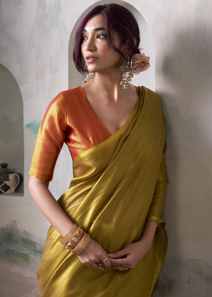 Deep Golden Toned Tissue Silk Saree with Elegant Contrast Blouse Combination - House of Sarvati LLC