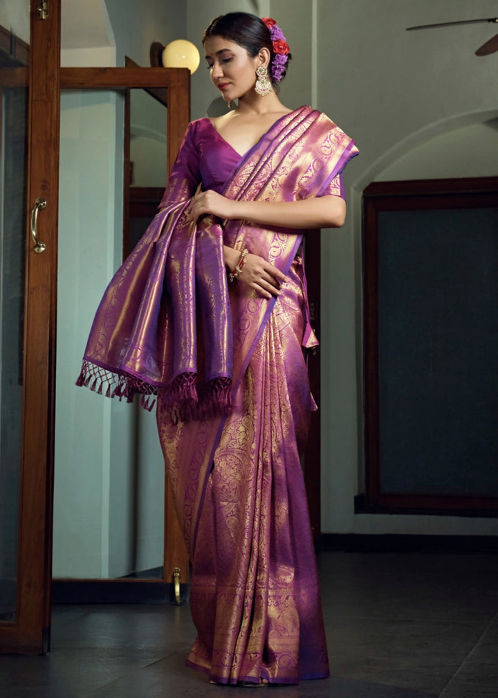 Dual - Tone Purple Silk Saree with Zari Woven Border and Pallu - House of Sarvati LLC