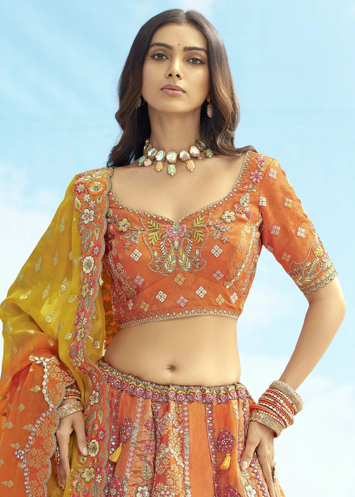 Fire Orange Banarasi Silk Lehenga Choli with Intricate Embroidery and Cut Work - House of Sarvati LLC