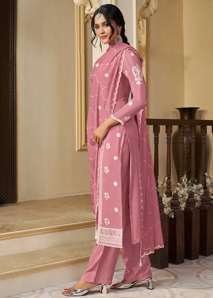 Flamingo Pink Chinon Silk Suit with Intricate White Thread & Sequin Embroidery - House of Sarvati LLC