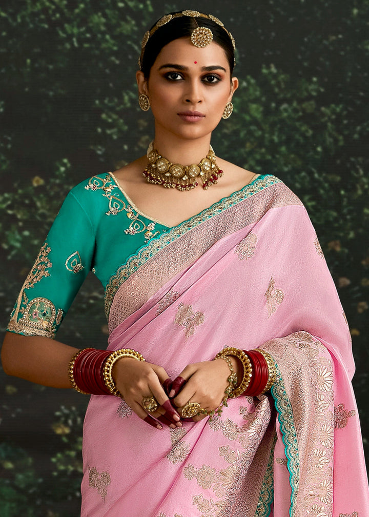 Flamingo Pink Zari Woven Dola Silk Saree with Embroidery Detailing - House of Sarvati LLC
