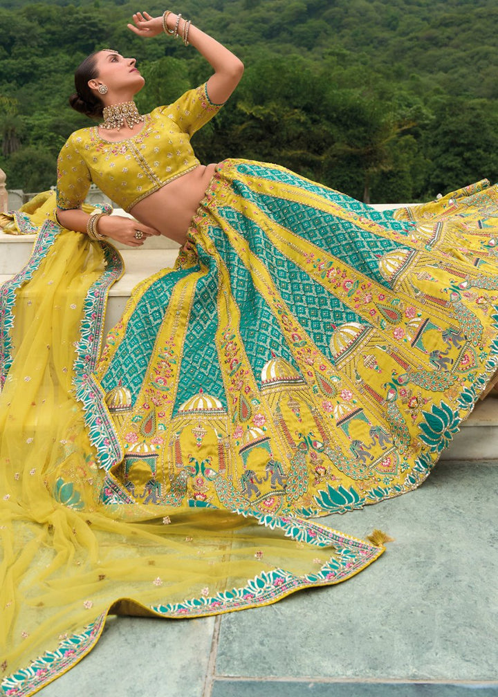 Green & Blue Banarasi Silk Lehenga with Heavy Khatli & Embroidery Work - House of Sarvati LLC