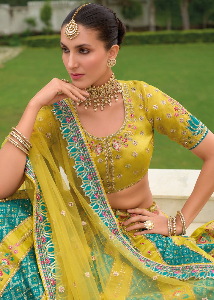 Green & Blue Banarasi Silk Lehenga with Heavy Khatli & Embroidery Work - House of Sarvati LLC