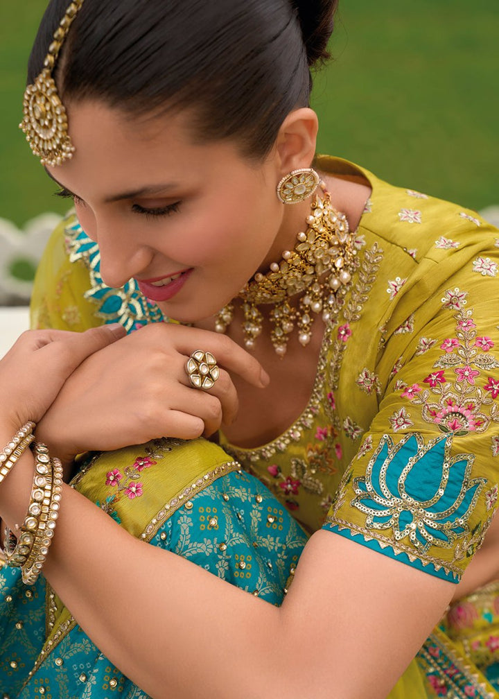 Green & Blue Banarasi Silk Lehenga with Heavy Khatli & Embroidery Work - House of Sarvati LLC