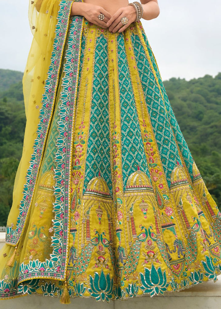 Green & Blue Banarasi Silk Lehenga with Heavy Khatli & Embroidery Work - House of Sarvati LLC