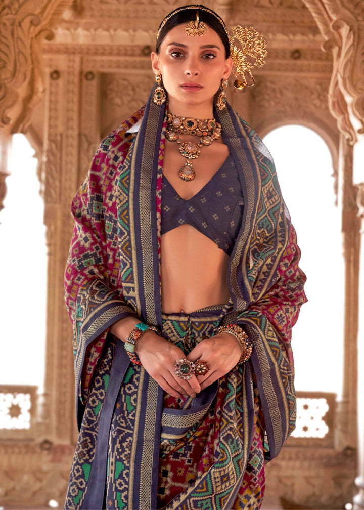 Grey & Pink Georgette Silk Saree with Ethnic Patola Print - House of Sarvati LLC