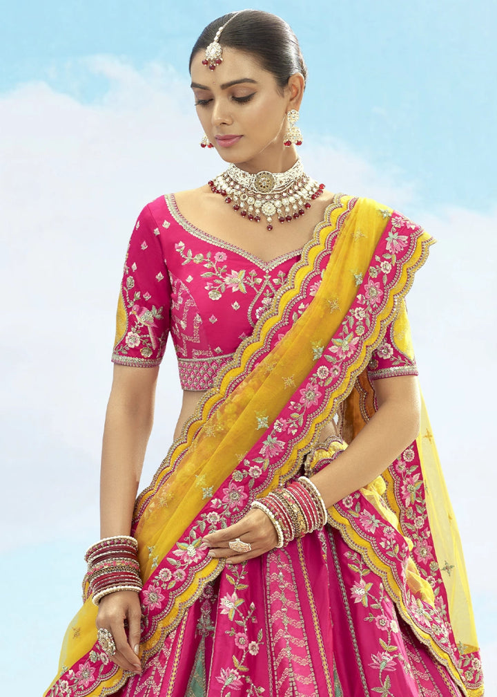 Hot Pink Banarasi Silk Lehenga Choli with Intricate Embroidery and Cut Work - House of Sarvati LLC