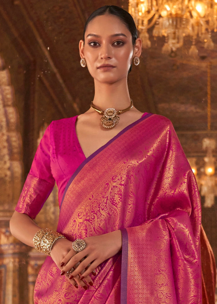 Hot Pink Silk Saree with Handloom Weaving and Gold Zari Accents - House of Sarvati LLC
