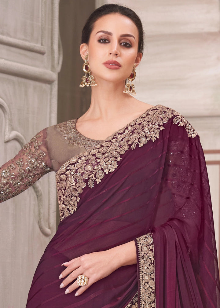 Imperial Purple Georgette Silk Saree With Detailed Embroidery And Luxe Appeal - House of Sarvati LLC